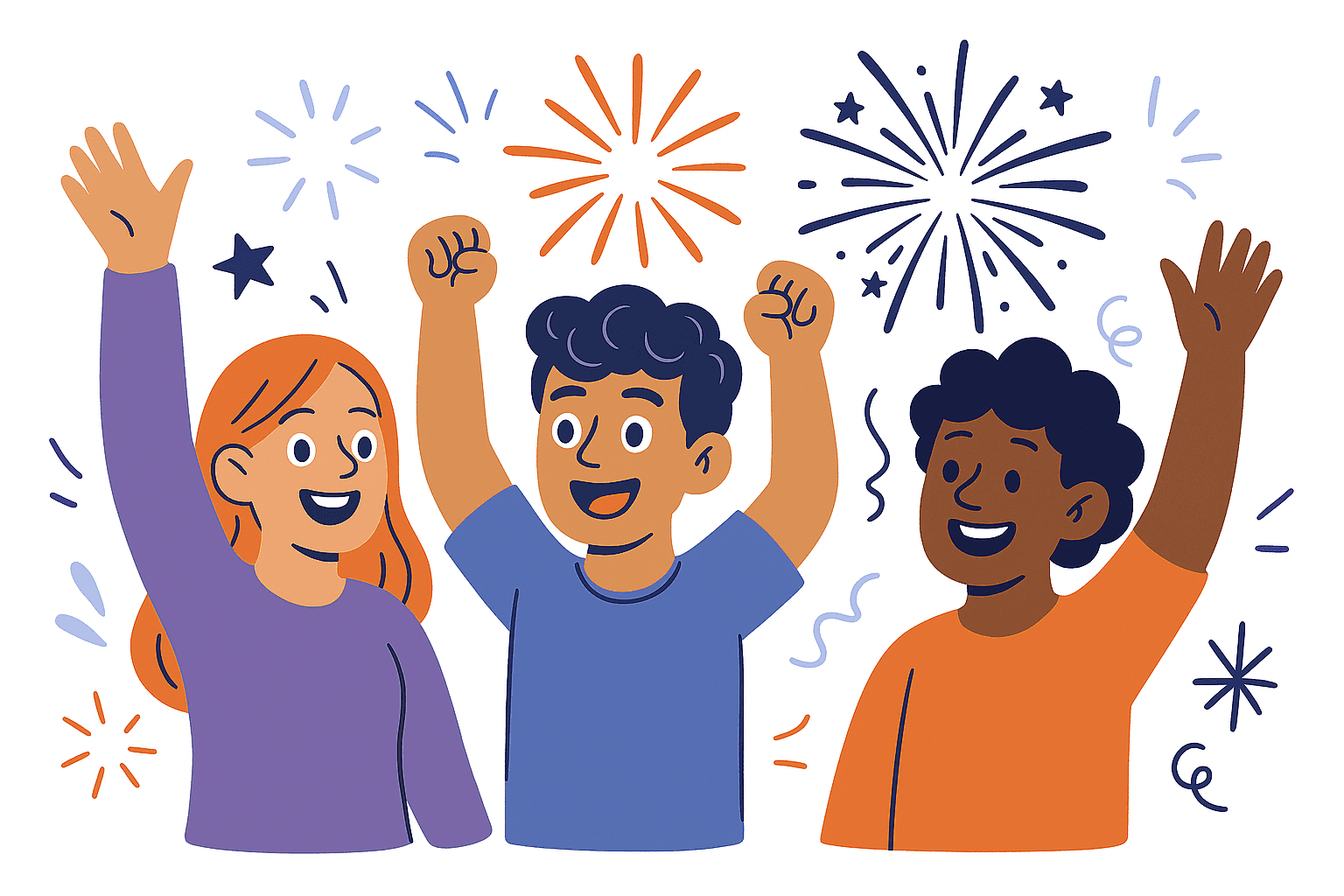 three characters with fireworks